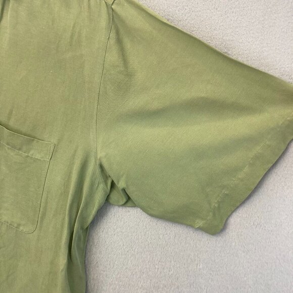 IZOD Button Up Washable Silk Linen Blend Shirt Mens Large L Green Short Sleeve - Picture 6 of 14